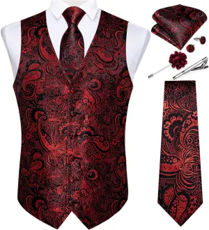 DiBanGu Mens Vest and Tie Set Formal Paisley Waistcoat and Necktie Pocket Square Cufflinks Silk Suit Vest for Tuxedo Wedding