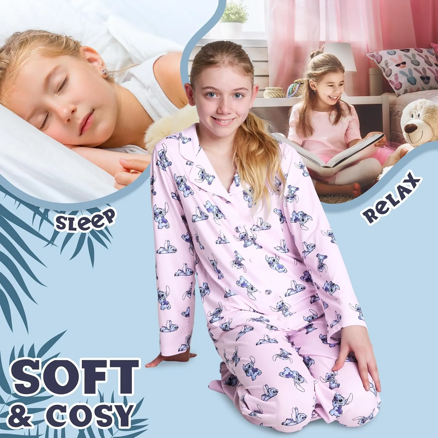 Disney Stitch Girls PJs for Kids Teenagers - 2 Piece Long Girls Pyjamas Breathable Lounge Wear 7-14 - Years Stitch Gifts