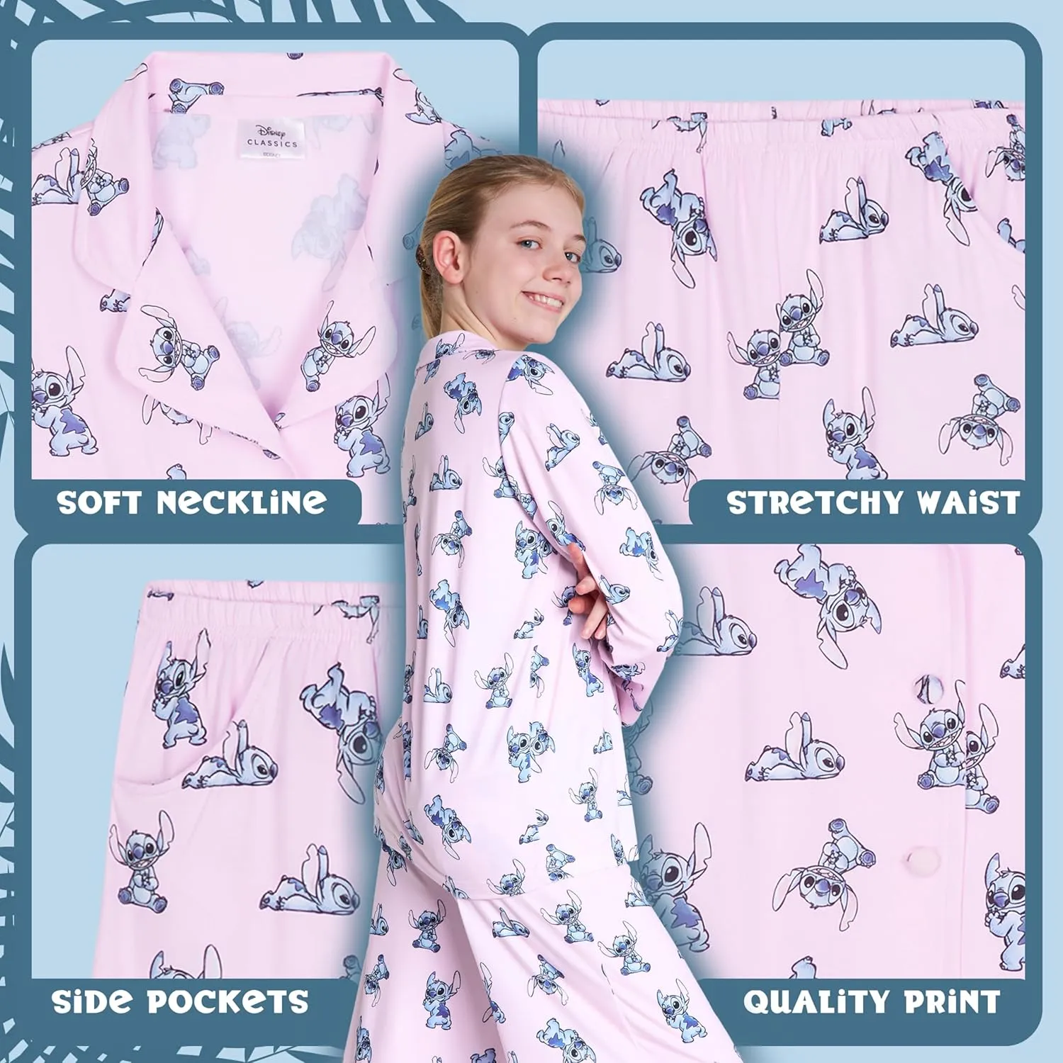 Disney Stitch Girls PJs for Kids Teenagers - 2 Piece Long Girls Pyjamas Breathable Lounge Wear 7-14 - Years Stitch Gifts