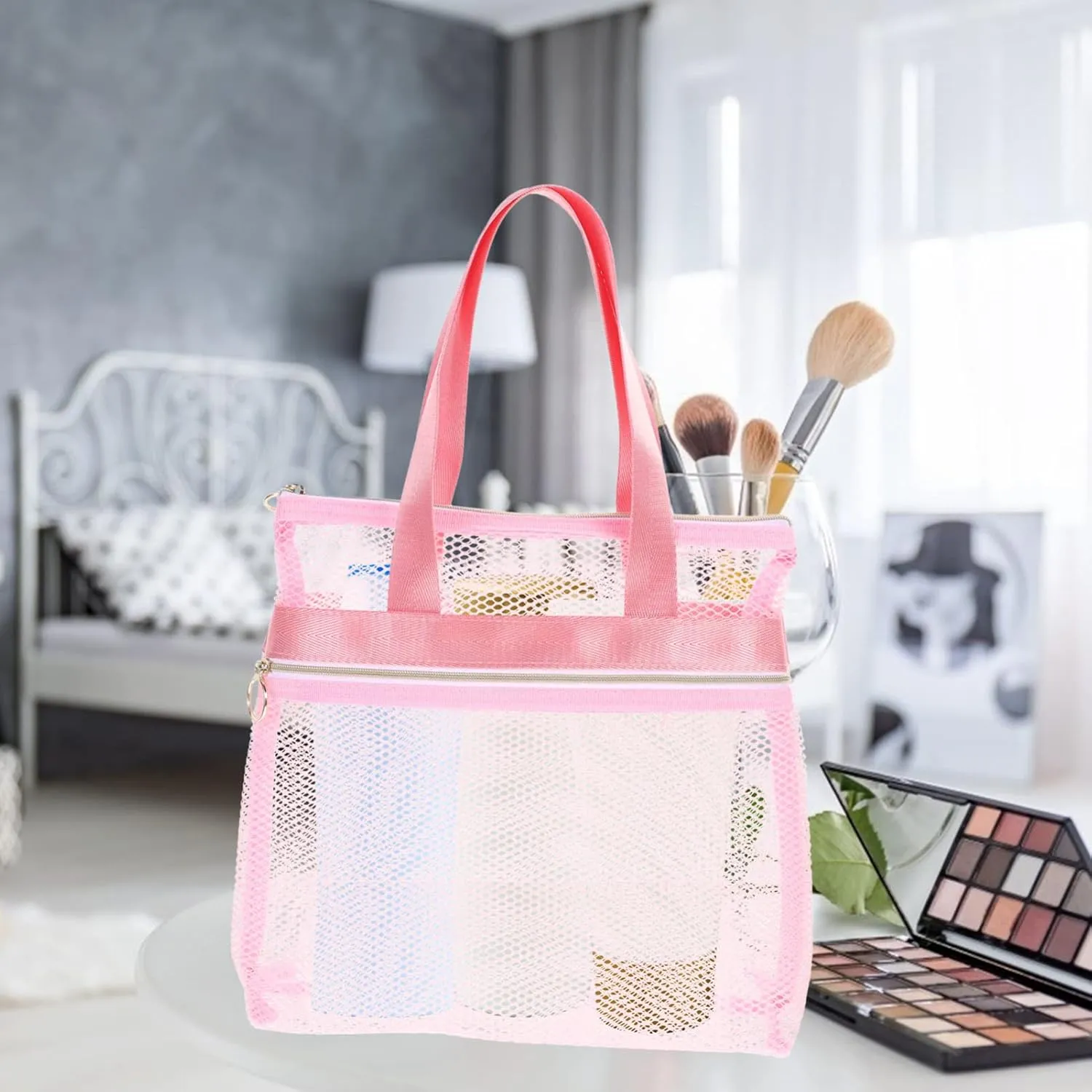 DOITOOL Travel Toiletry Bag Nylon Beach Bag Mesh Design Toiletry Bag Breathable Mesh Hand Bag Multi-pocket Beach Bag Travel Toiletry Storage Bag Portable Beach Pouch Makeup Container