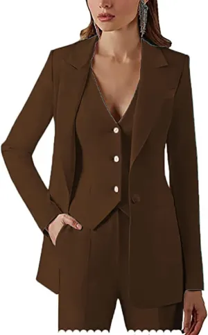 Dowbins Womens 3 Piece Single-Breasted Pants Suits Dressy Casual Jacket Vest and Pants Suits for Women Evening Party