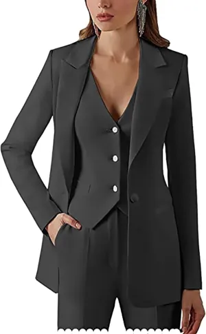 Dowbins Womens 3 Piece Single-Breasted Pants Suits Dressy Casual Jacket Vest and Pants Suits for Women Evening Party