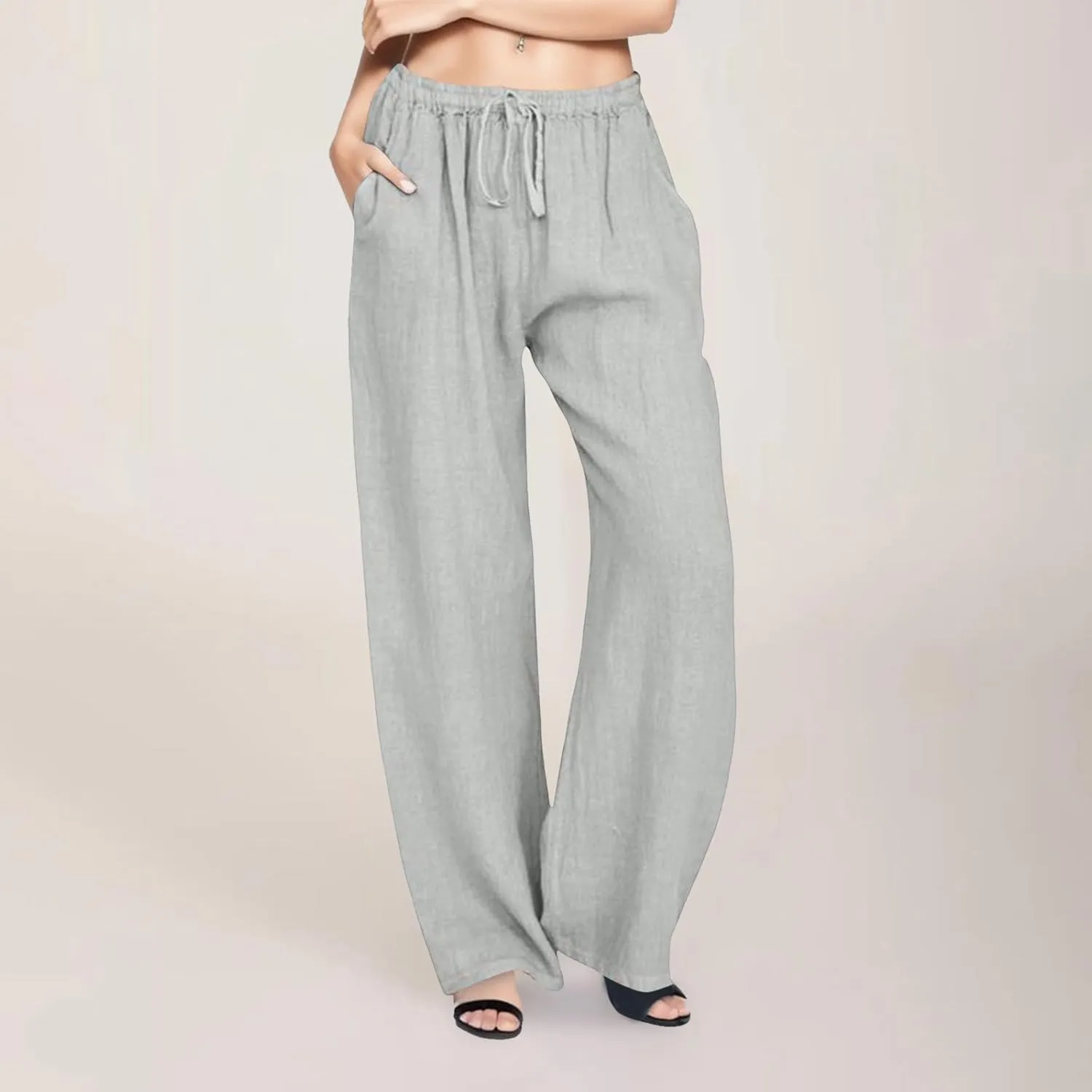 Drawstring Pants for Womens Solid Color Trousers Summer Causal Loose Fit Cotton Wide Leg Comfy Lounge Pants with Pockets