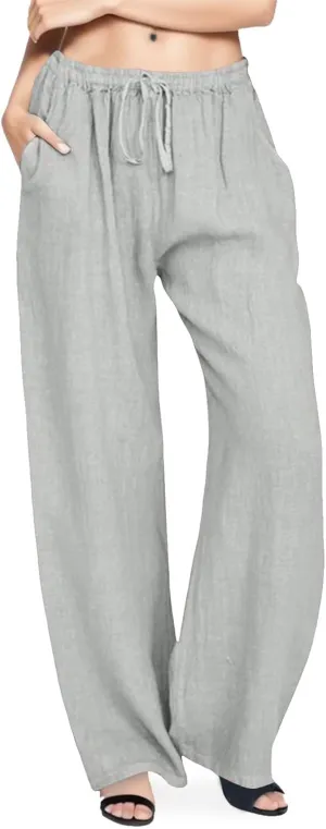 Drawstring Pants for Womens Solid Color Trousers Summer Causal Loose Fit Cotton Wide Leg Comfy Lounge Pants with Pockets
