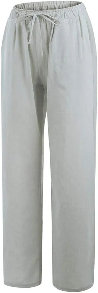 Drawstring Pants for Womens Solid Color Trousers Summer Causal Loose Fit Cotton Wide Leg Comfy Lounge Pants with Pockets
