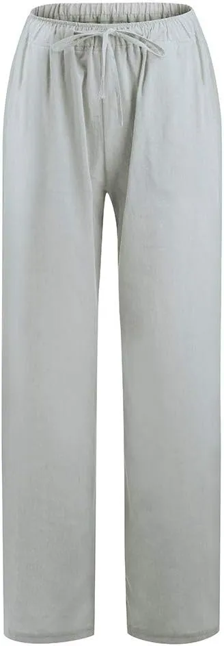 Drawstring Pants for Womens Solid Color Trousers Summer Causal Loose Fit Cotton Wide Leg Comfy Lounge Pants with Pockets