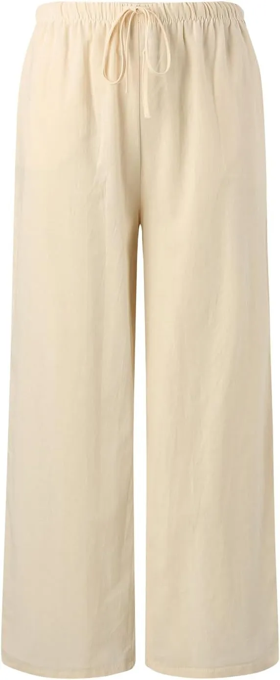 Drawstring Pants Women Straight Leg Summer Breathable Wide Leg Casual Comfy High Waist Palazzo Trousers with Pocket