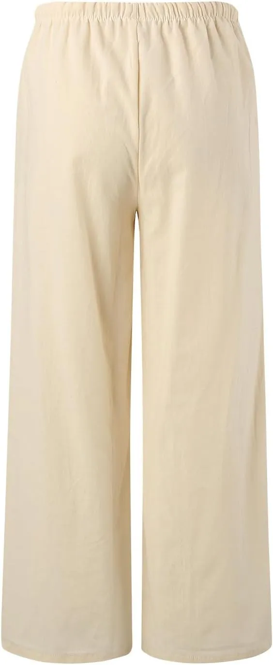 Drawstring Pants Women Straight Leg Summer Breathable Wide Leg Casual Comfy High Waist Palazzo Trousers with Pocket