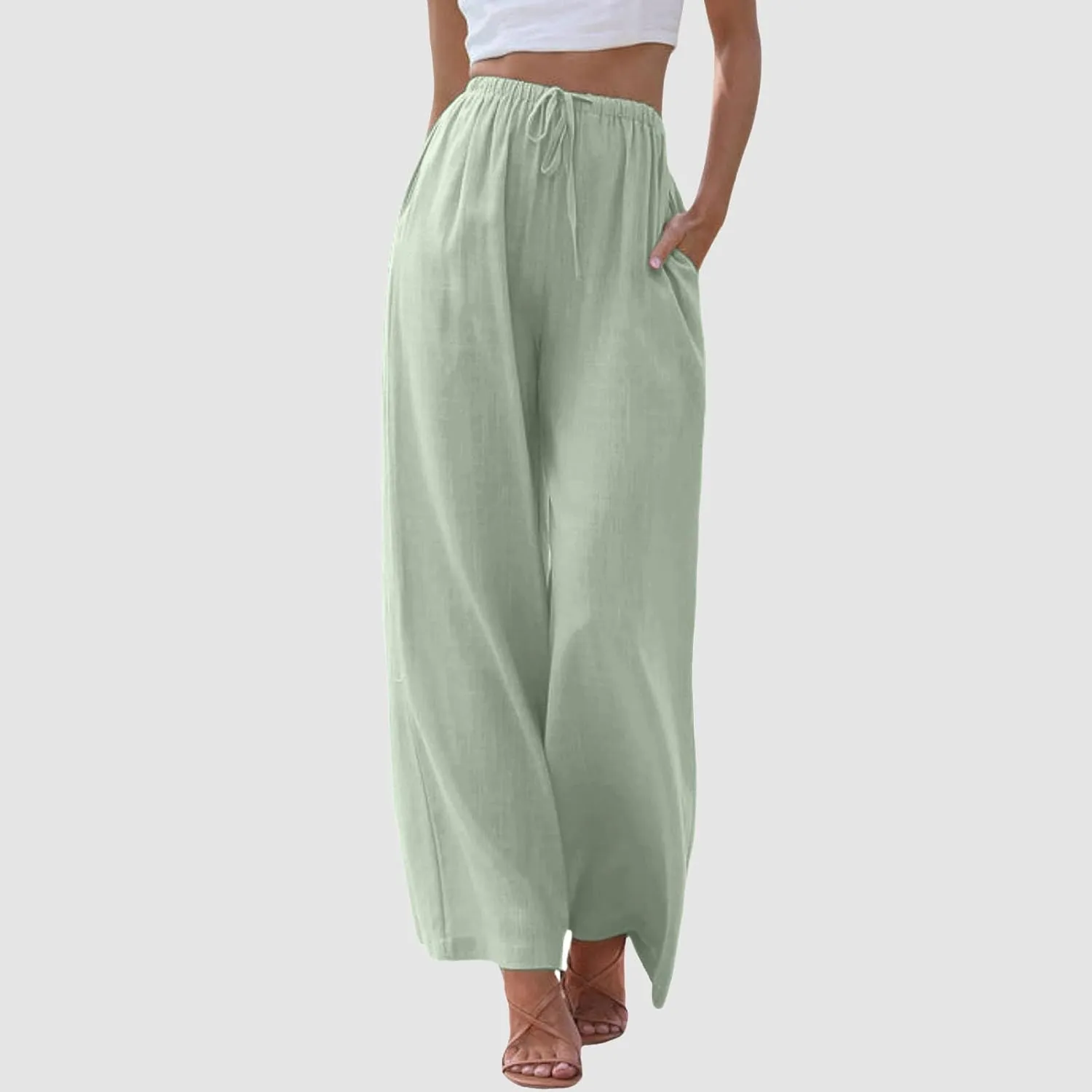 Drawstring Pants Women Straight Leg Summer Breathable Wide Leg Casual Comfy High Waist Palazzo Trousers with Pocket