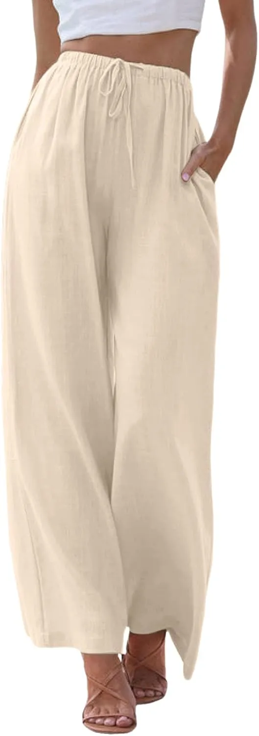 Drawstring Pants Women Straight Leg Summer Breathable Wide Leg Casual Comfy High Waist Palazzo Trousers with Pocket
