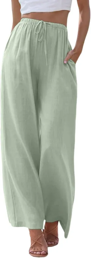 Drawstring Pants Women Straight Leg Summer Breathable Wide Leg Casual Comfy High Waist Palazzo Trousers with Pocket