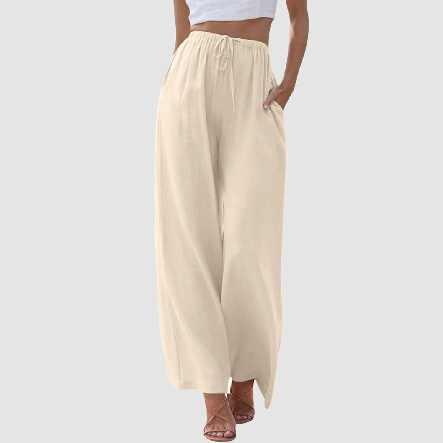 Drawstring Pants Women Straight Leg Summer Breathable Wide Leg Casual Comfy High Waist Palazzo Trousers with Pocket