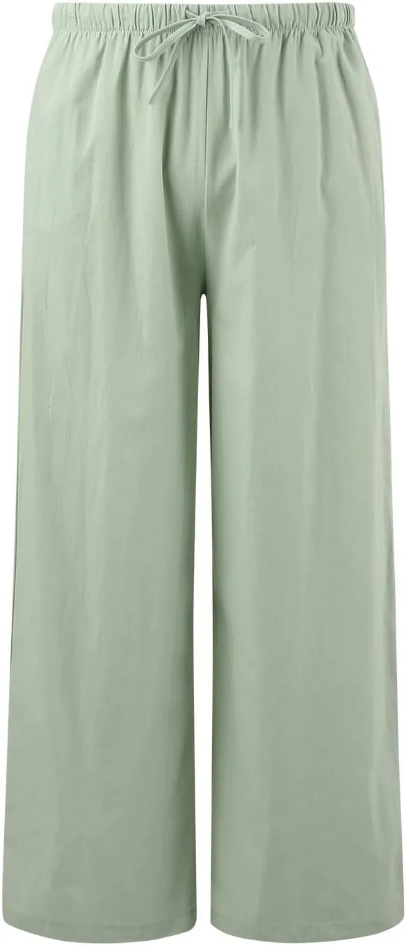 Drawstring Pants Women Straight Leg Summer Breathable Wide Leg Casual Comfy High Waist Palazzo Trousers with Pocket
