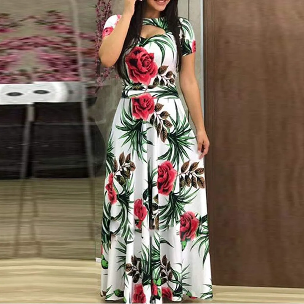 Dresses for Women 2024,Summer Boho Floral Print Casual Flowy Long Maxi Dress a Line Beach Midi Dress
