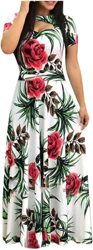 Dresses for Women 2024,Summer Boho Floral Print Casual Flowy Long Maxi Dress a Line Beach Midi Dress