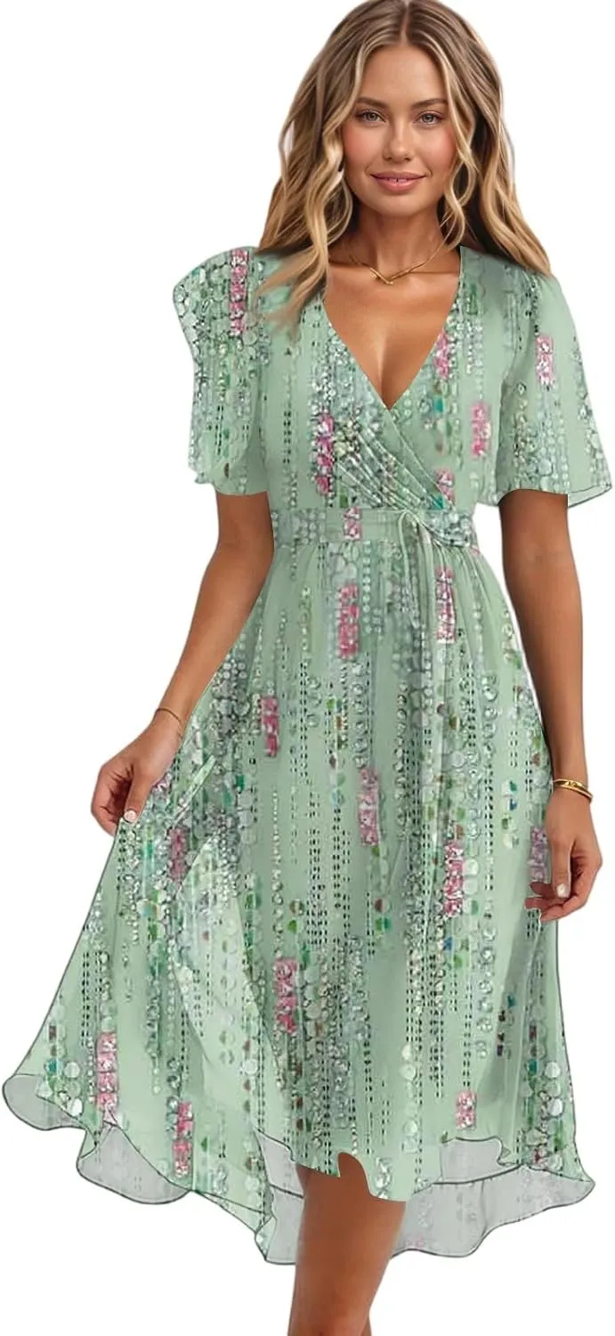 Dresses for Women 2025 Elegant Classy Boho Floral V Neck Belted Summer Sundress Wedding Guest Prom Cocktail Midi Dress