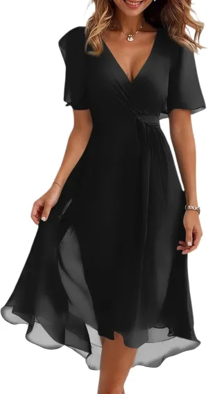 Dresses for Women 2025 Elegant Classy Boho Floral V Neck Belted Summer Sundress Wedding Guest Prom Cocktail Midi Dress