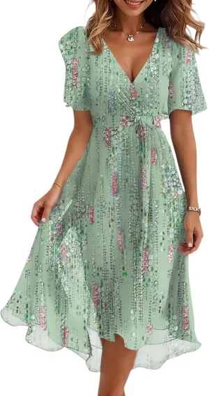 Dresses for Women 2025 Elegant Classy Boho Floral V Neck Belted Summer Sundress Wedding Guest Prom Cocktail Midi Dress