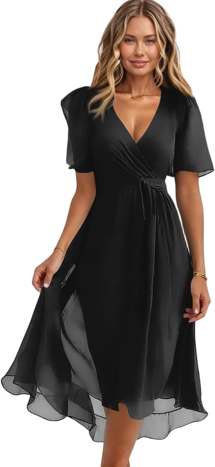 Dresses for Women 2025 Elegant Classy Boho Floral V Neck Belted Summer Sundress Wedding Guest Prom Cocktail Midi Dress