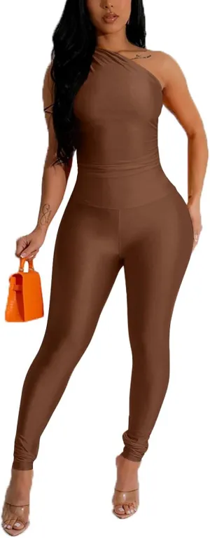 Ekaliy 2 Piece Outfits for Women Sexy One Shoulder Crop Top Bodycon Pants Set Clubwear