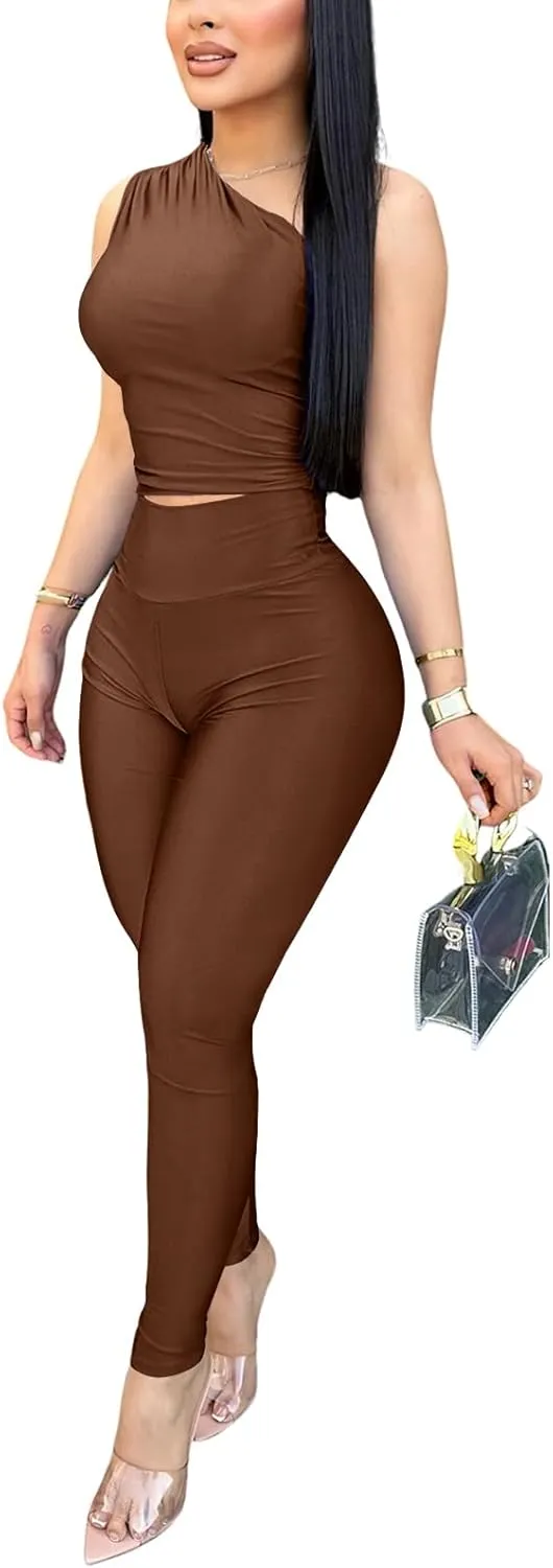 Ekaliy 2 Piece Outfits for Women Sexy One Shoulder Crop Top Bodycon Pants Set Clubwear