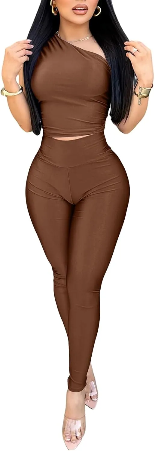 Ekaliy 2 Piece Outfits for Women Sexy One Shoulder Crop Top Bodycon Pants Set Clubwear