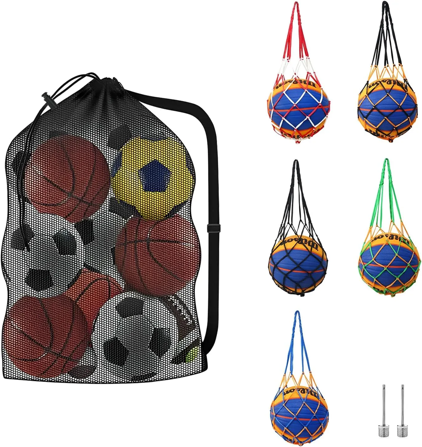 Extra Large Sports Ball Bag Mesh, Heavy Duty Breathable Mesh Basketball Soccer Bag with 5 PCS Nylon Single Ball Bag for Holding Volleyball Soccer Basketball Football with Shoulder Strap
