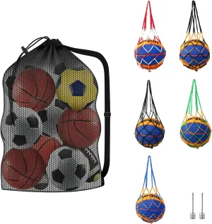 Extra Large Sports Ball Bag Mesh, Heavy Duty Breathable Mesh Basketball Soccer Bag with 5 PCS Nylon Single Ball Bag for Holding Volleyball Soccer Basketball Football with Shoulder Strap