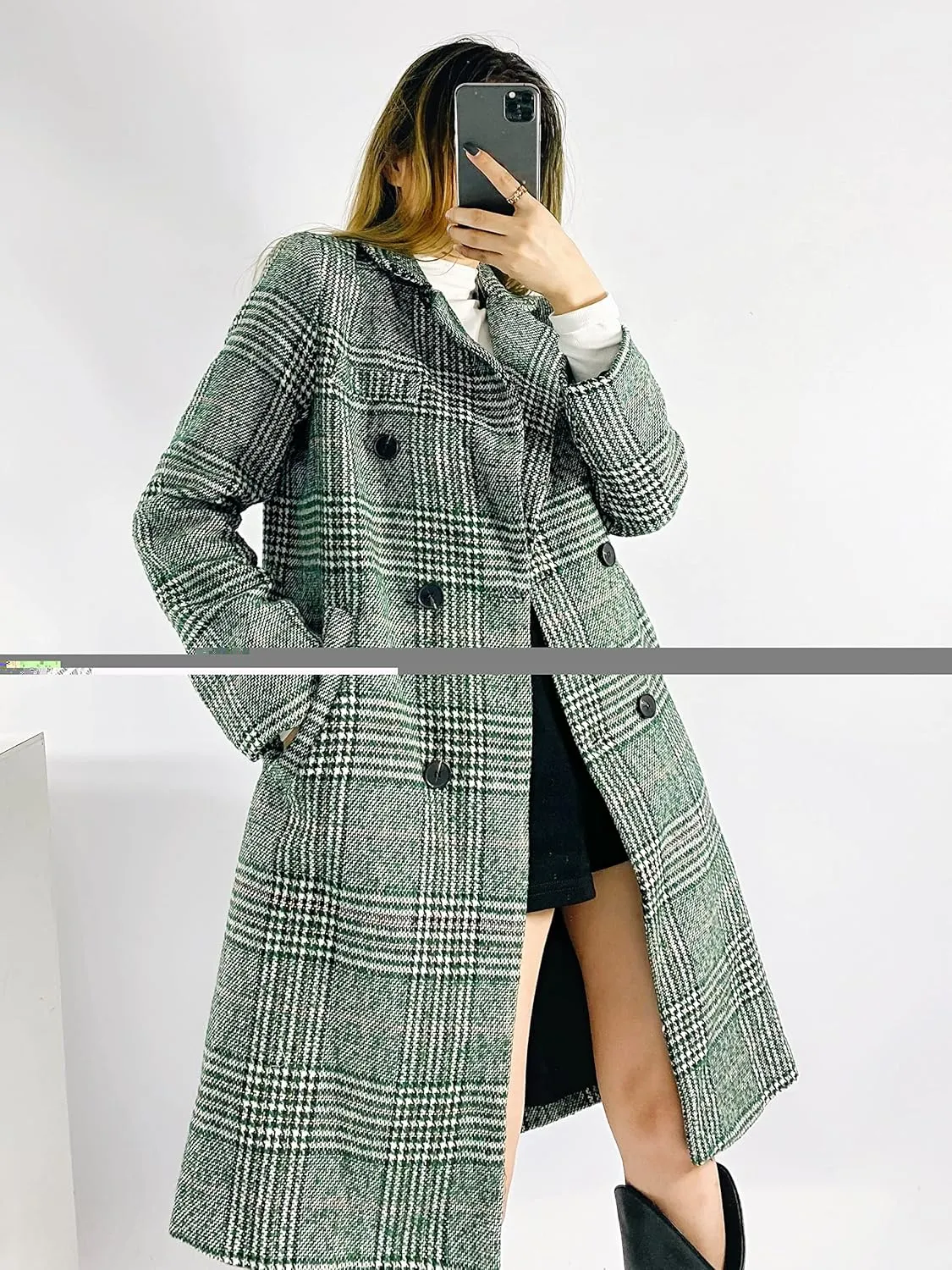 Face Dream Women Classic Lattice Winter Overcoat Lapel Double Breasted Woolen Long Coat