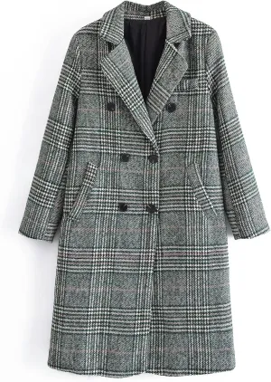 Face Dream Women Classic Lattice Winter Overcoat Lapel Double Breasted Woolen Long Coat