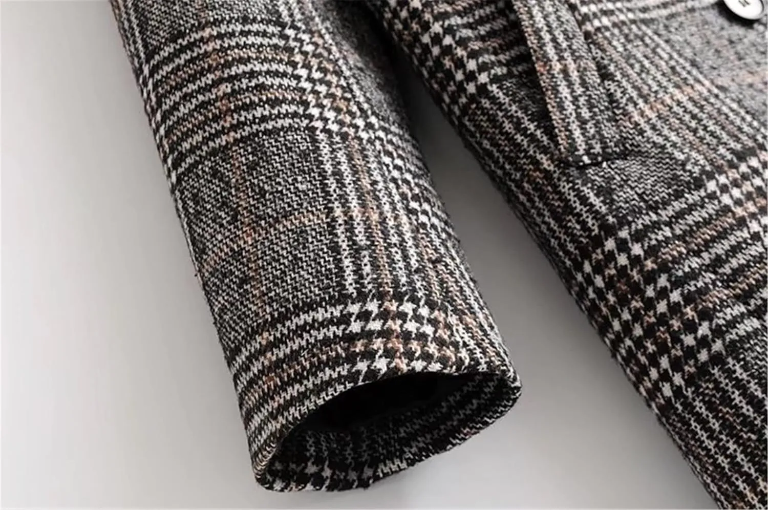 Face Dream Women Classic Lattice Winter Overcoat Lapel Double Breasted Woolen Long Coat