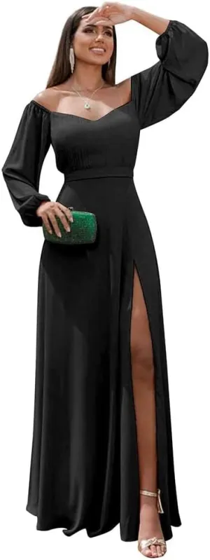 Fanao Long Sleeve Chiffon Bridesmaid Dresses for Women 2025 with Slit Off Shoulder Wedding Guest Dress BD004