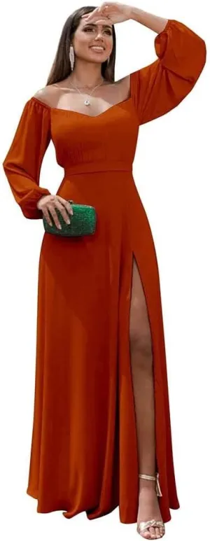 Fanao Long Sleeve Chiffon Bridesmaid Dresses for Women 2025 with Slit Off Shoulder Wedding Guest Dress BD004