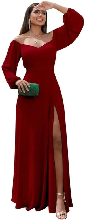 Fanao Long Sleeve Chiffon Bridesmaid Dresses for Women 2025 with Slit Off Shoulder Wedding Guest Dress BD004