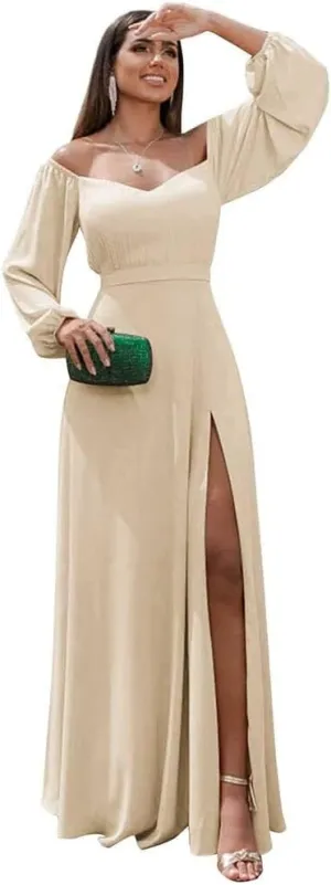 Fanao Long Sleeve Chiffon Bridesmaid Dresses for Women 2025 with Slit Off Shoulder Wedding Guest Dress BD004