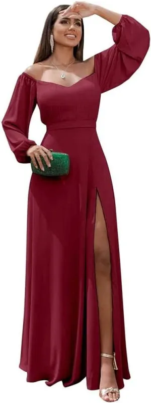 Fanao Long Sleeve Chiffon Bridesmaid Dresses for Women 2025 with Slit Off Shoulder Wedding Guest Dress BD004