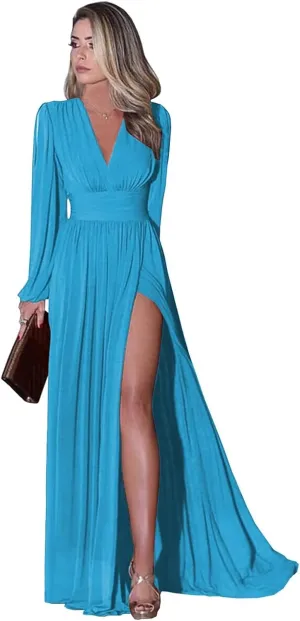 Fanao Women's Long Sleeve Bridesmaid Dresses with Slit Chiffon Prom Dresses V-Neck A-Line Formal Evening Party Dress BD005