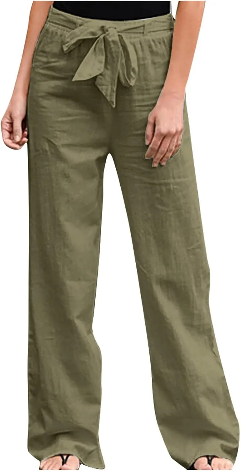 fartey Women Straight Leg Linen Pants Casual Loose High Waist Palazzo Pants Drawstring Wide Leg Summer Trousers with Pockets