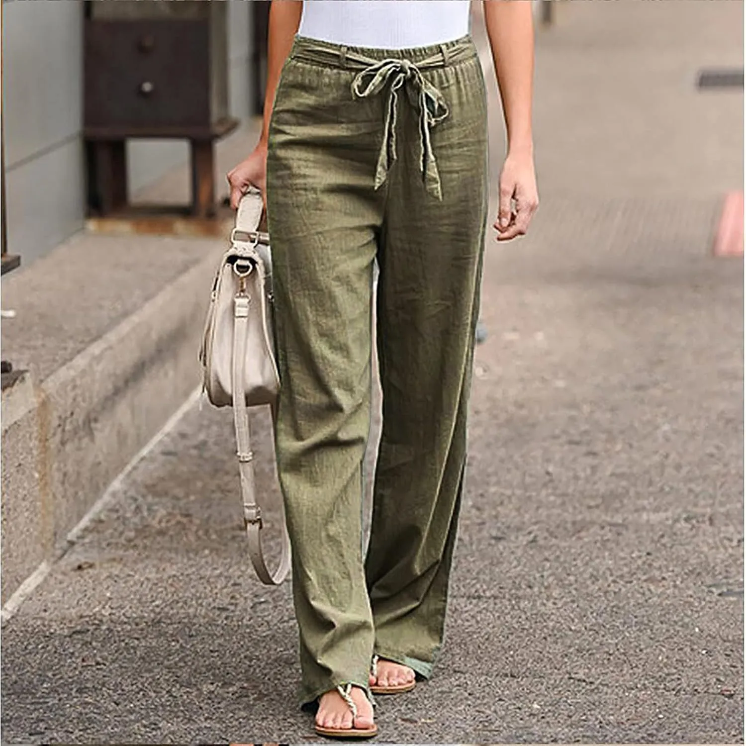 fartey Women Straight Leg Linen Pants Casual Loose High Waist Palazzo Pants Drawstring Wide Leg Summer Trousers with Pockets