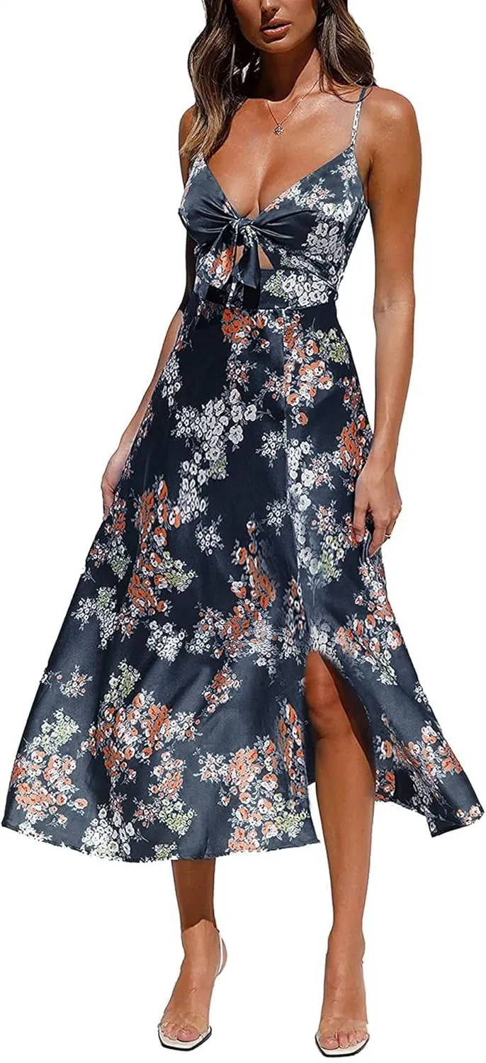 Fashionme Women Spaghetti Strap Midi Satin Dresses Tie Front Backless Split Hollow Dress