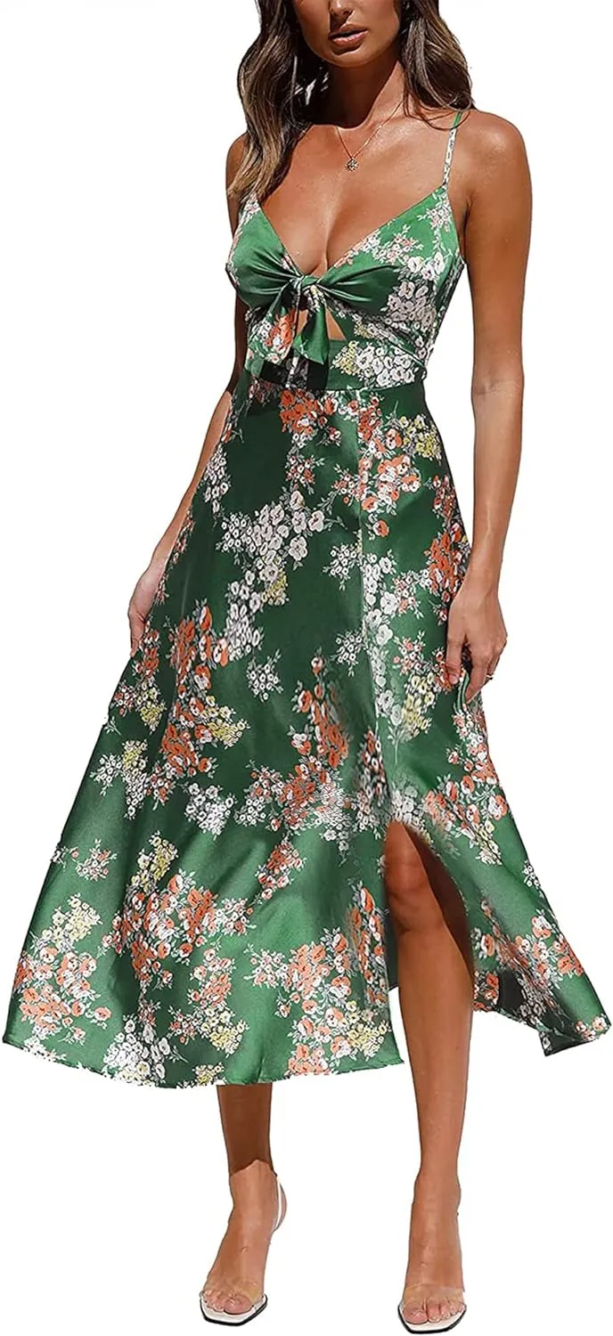 Fashionme Women Spaghetti Strap Midi Satin Dresses Tie Front Backless Split Hollow Dress