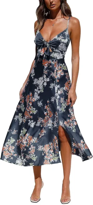 Fashionme Women Spaghetti Strap Midi Satin Dresses Tie Front Backless Split Hollow Dress