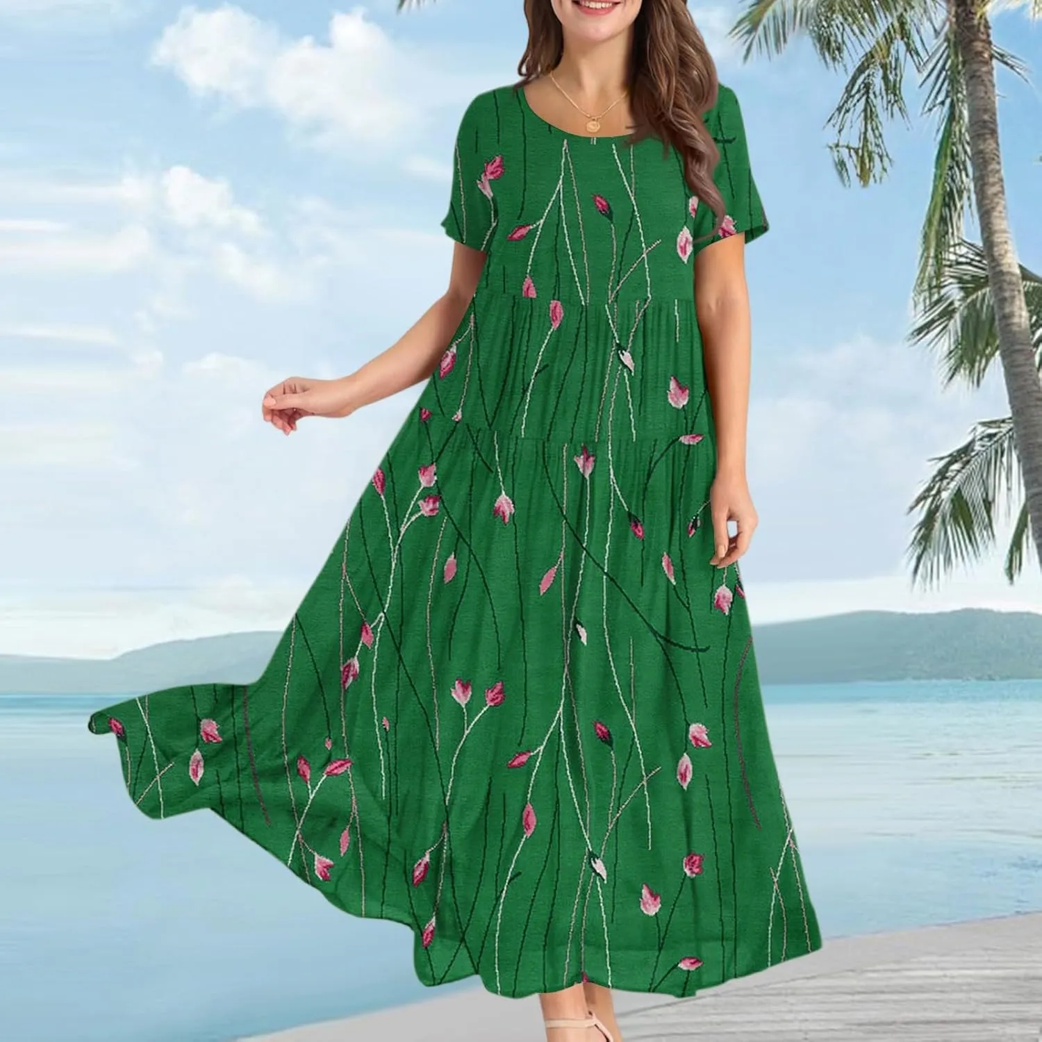 Floral Dress for Women Casual Loose Bohemian Tiered Swing Long Maxi Dresses Short Sleeve Summer Beach Sundress