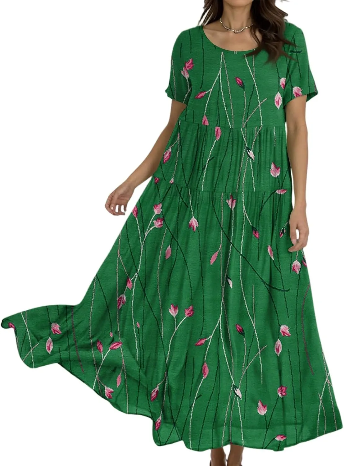 Floral Dress for Women Casual Loose Bohemian Tiered Swing Long Maxi Dresses Short Sleeve Summer Beach Sundress