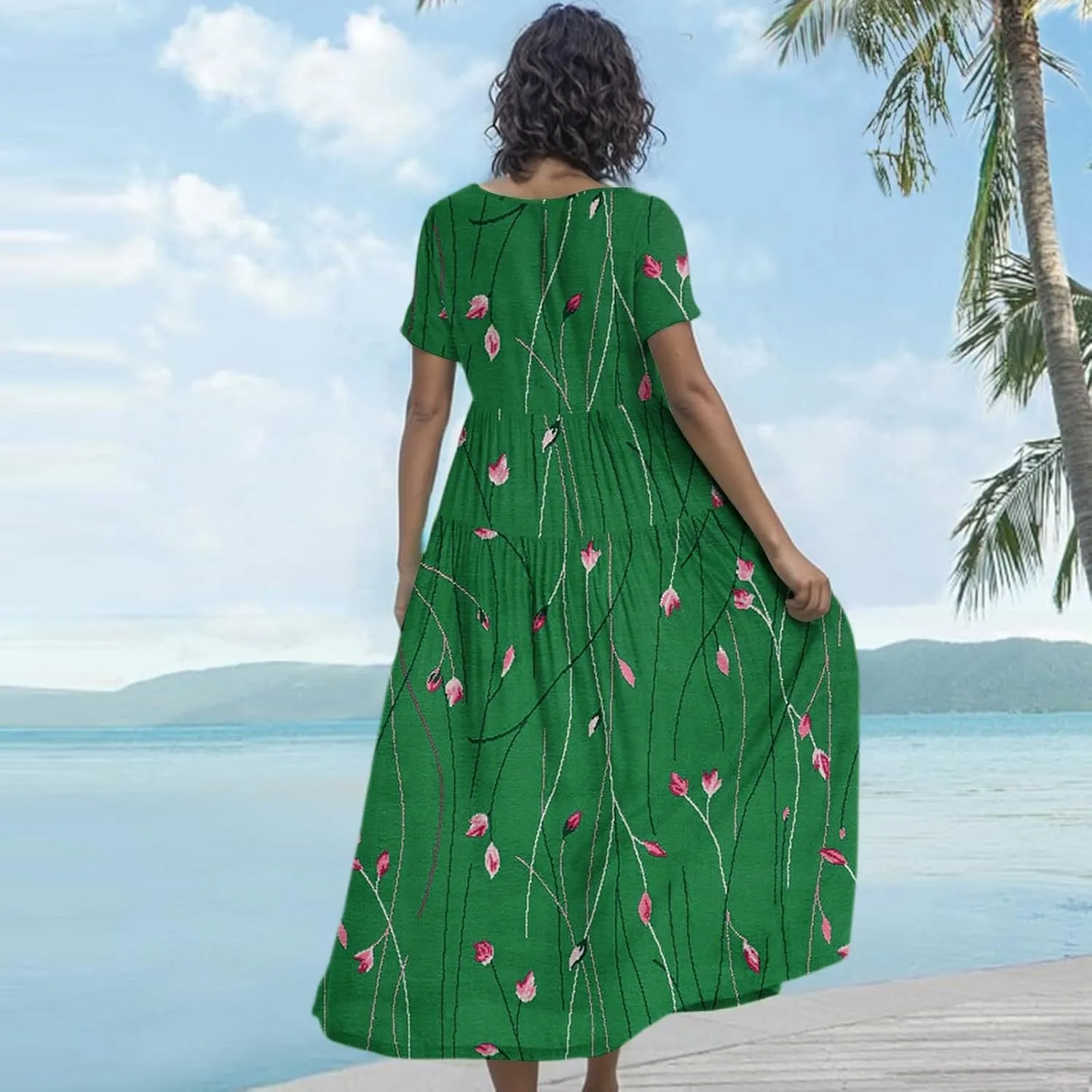 Floral Dress for Women Casual Loose Bohemian Tiered Swing Long Maxi Dresses Short Sleeve Summer Beach Sundress
