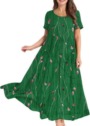 Floral Dress for Women Casual Loose Bohemian Tiered Swing Long Maxi Dresses Short Sleeve Summer Beach Sundress