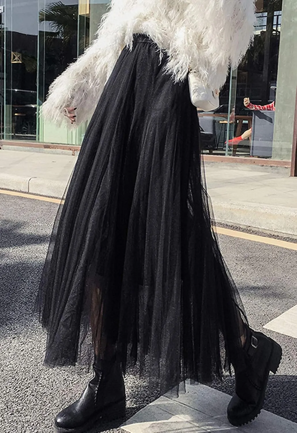 Flygo Women's High Waist A-Line Tulle Long Midi Skirt Princess Tutu Party Skirts