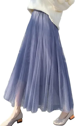 Flygo Women's High Waist A-Line Tulle Long Midi Skirt Princess Tutu Party Skirts