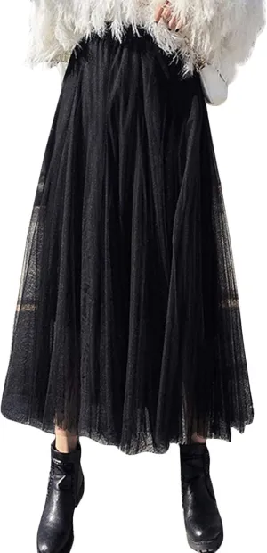 Flygo Women's High Waist A-Line Tulle Long Midi Skirt Princess Tutu Party Skirts