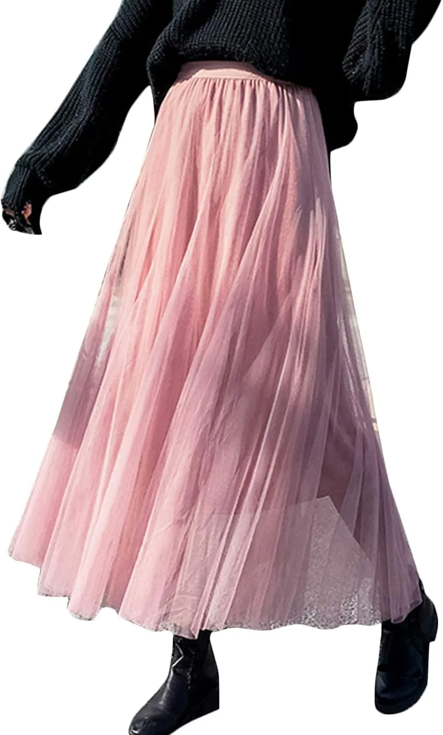 Flygo Women's High Waist A-Line Tulle Long Midi Skirt Princess Tutu Party Skirts